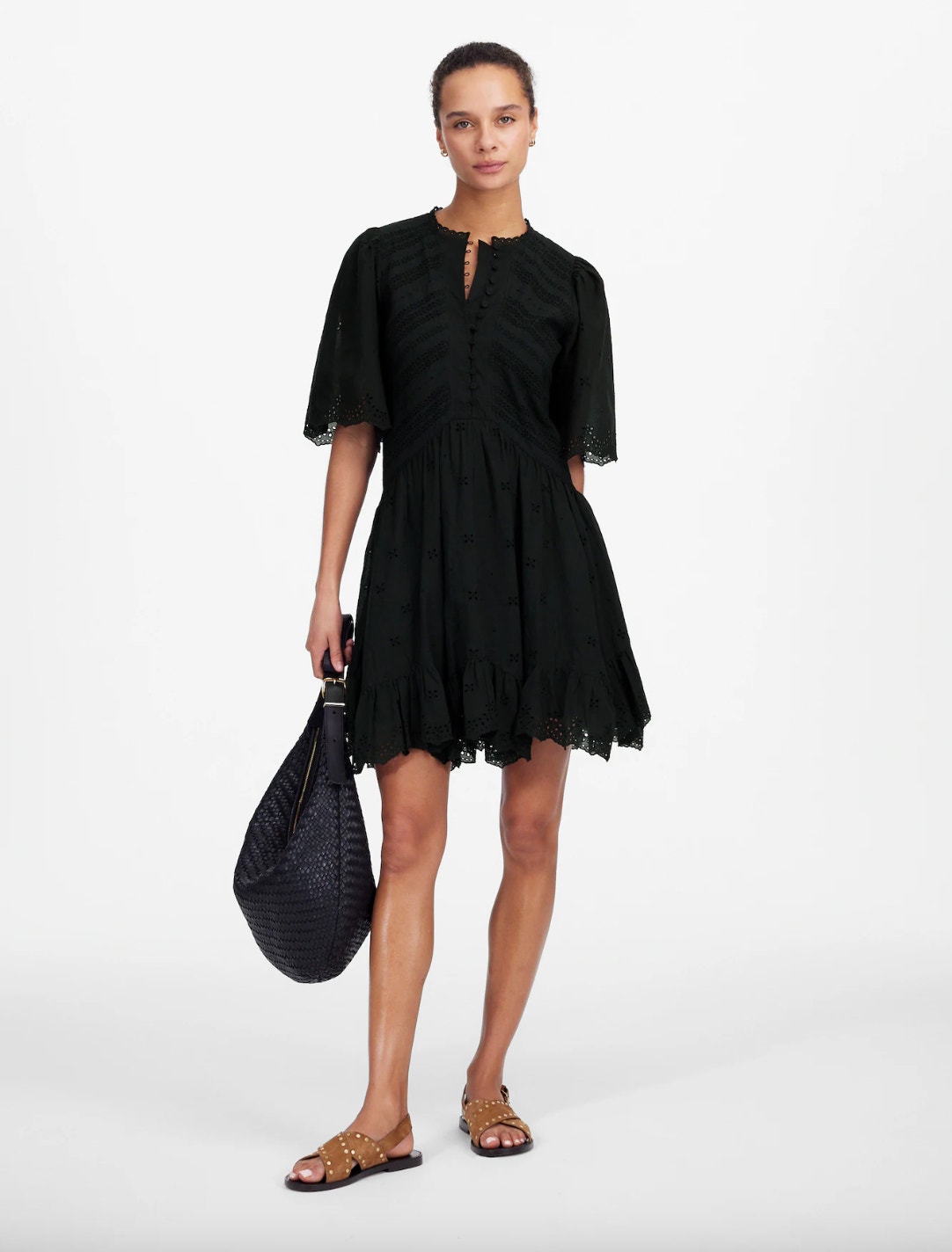 Madewell Eyelet Flutter Sleeve Mini Dress Cotton Boho Cottage Black Us 00 Nwt